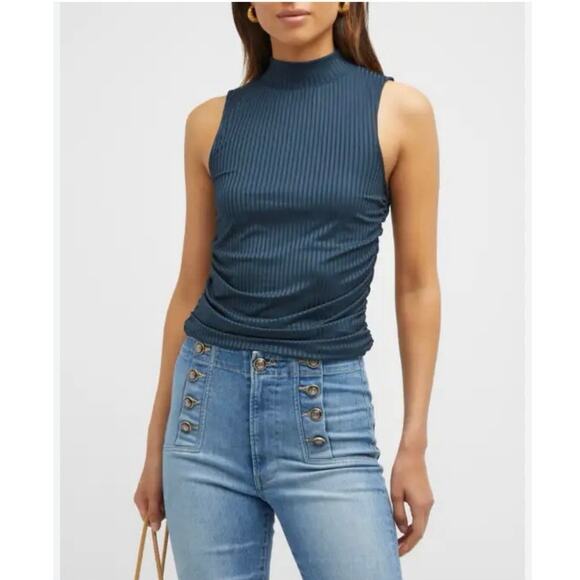 NWOT Veronica Beard Mobler Ruched Mock Neck Tank Top in Navy SZ XS - Picture 1 of 5